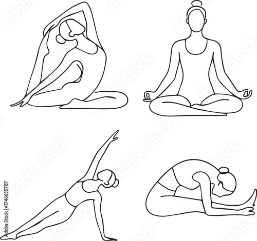 Female figure performing yoga poses in minimalist line art style. Clean vector illustration on white background, ideal for wellness, fitness, meditation, and lifestyle projects.
