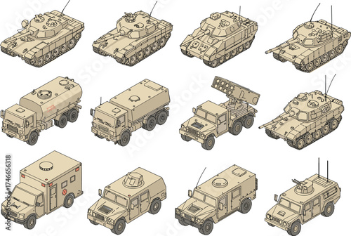 Isometric military vehicles, armored tanks, utility trucks, combat support, battlefield transport, defense fleet, war assets, tactical units, army logistics, vehicle illustration, command gear