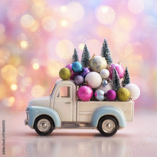 Mini Toy Truck with Colorful Christmas Ornaments and Festive Lights