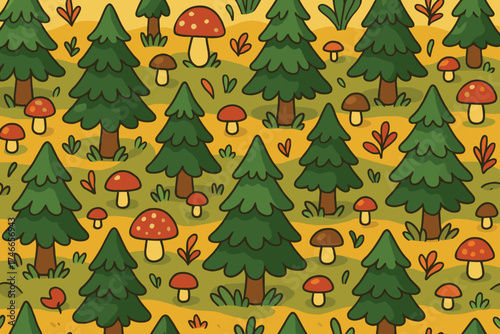 Whimsical forest pattern with evergreen trees and red cap mushrooms in a cartoon style