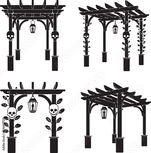Spooky Halloween Pergola Collection with Lanterns and Skulls Silhouette Vector Art for Festive Decorations and Designs