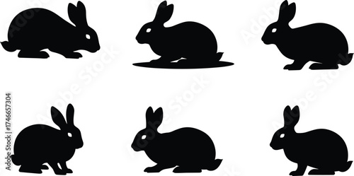 “Silhouette vector illustration of six rabbits in different poses, animal wildlife design, bunny motion sequence, pet art, minimalist graphic”