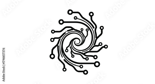 Abstract digital circuit pattern with a swirling vortex in the center, symbolizing innovation and technology