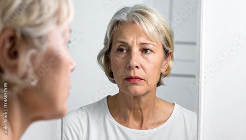 A serious senior woman with short grey hair intently examines her aging face and wrinkles in a mirror.