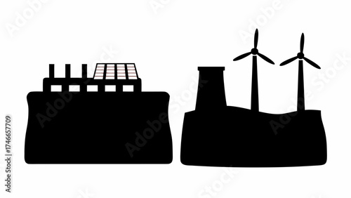 Silhouette of a factory with solar panels and wind turbines representing energy production methods