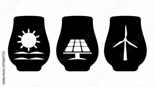 Illustration showing three renewable energy sources: solar, wind, and sun, all contained in black shapes silhouette