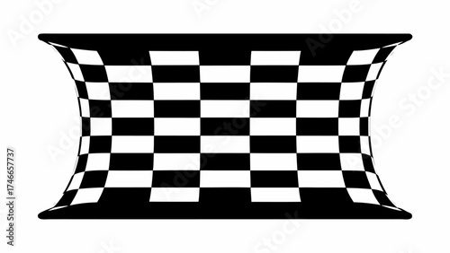 Black and white checkered pattern with a curved perspective creating an optical illusion design effect art silhouette