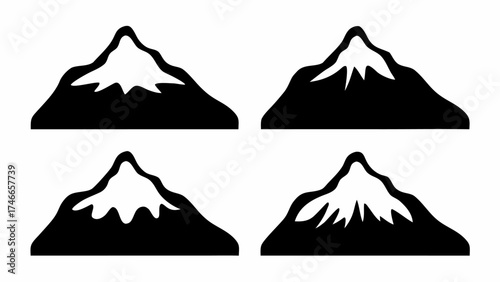 Four mountain icons with snow caps arranged in a two by two grid on a white background isolated view silhouette