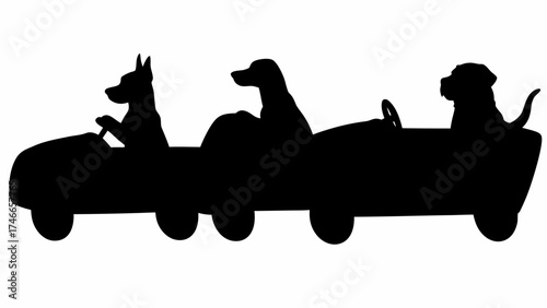 Three dogs in a car silhouette with a doberman dachshund and labrador enjoying a ride together in black