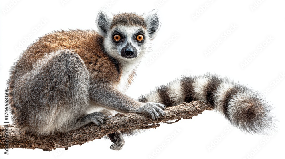 Naklejka premium Ring-tailed lemur with distinctive black and white striped tail perched on branch, featuring bright orange eyes, isolated on white background