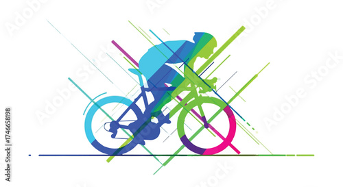 Dynamic cyclist silhouette with vibrant abstract lines conveying speed and energy