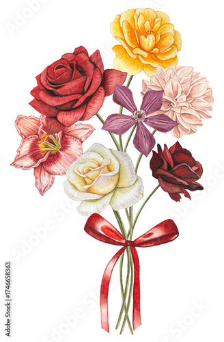 Bouquet with autumn flowers. Yellow, white roses, dahlia, clementis, bow. Hand drawn watercolor illustration.