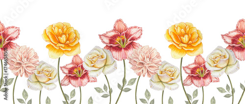 Seamless border with autumn flowers. White, yellow, roses, lily. Hand drawn watercolor illustration.
