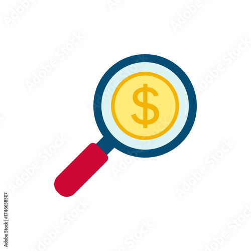 Symbol of money under the magnifier. Money search icon. Dollar sign and gold coin inside a magnifying glass. Vector illustration.