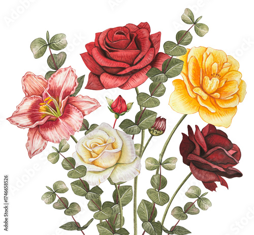 Composition with autumn flowers. Yellow, white roses, dahlia, clementis, lily, eucalyptus. Hand drawn watercolor illustration.