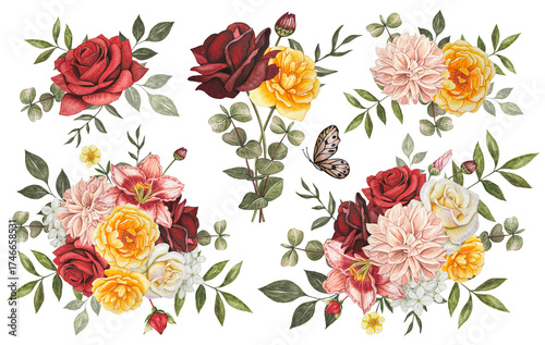 Collection with autumn bouquets. Roses, dahlia, lily, clementis, eucalyptus. Watercolor illustration
