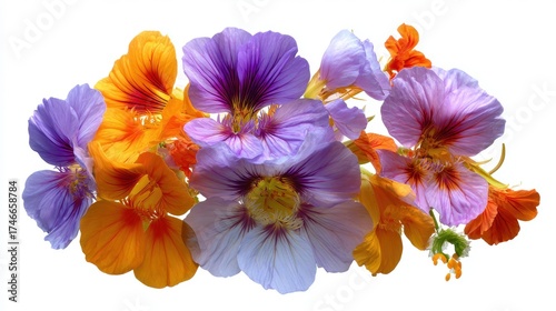 Colorful purple and orange flowers arranged in artistic composition on white background, featuring delicate petals and vibrant spring blooms