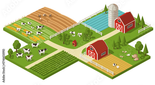 Isometric farm scene with cows, barns, and crops in a vibrant rural landscape