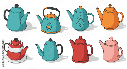 Colorful collection of isometric vintage teapots with unique designs