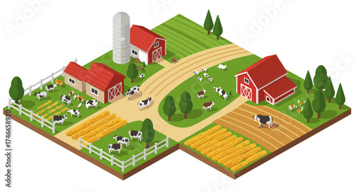Isometric farm scene: rural landscape with cows, barns, and fields