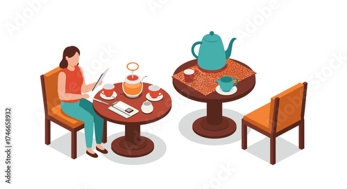 Isometric tea time scene with woman reading at coffee shop