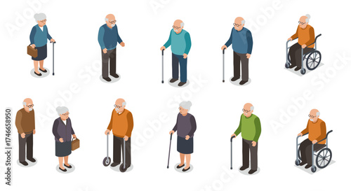 Isometric elderly people in various poses with walking sticks and wheelchairs