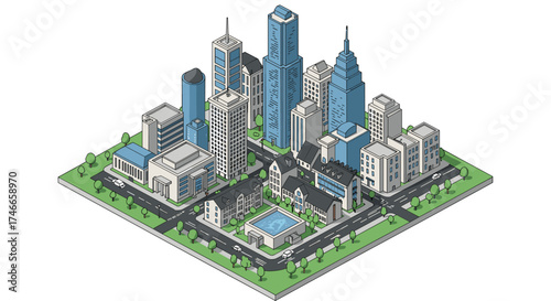 Isometric urban cityscape with skyscrapers and parkland