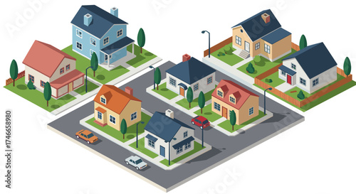 Charming isometric neighborhood with colorful houses and cars on street