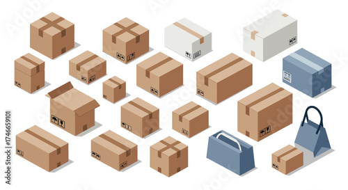 Diverse isometric cardboard and shipping boxes collection with handbags