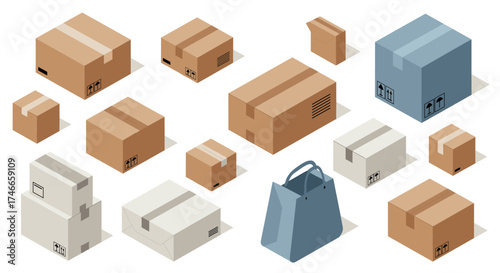 Variety of isometric cardboard and shipping boxes with shopping bag