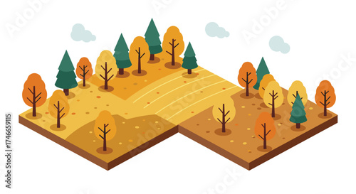 Isometric autumn forest landscape with trees and falling leaves