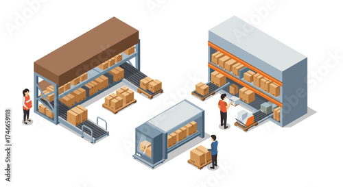 Isometric warehouse storage with people and shelving units