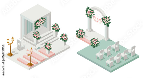 Elegant wedding ceremony setup with floral decorations and seating arrangement