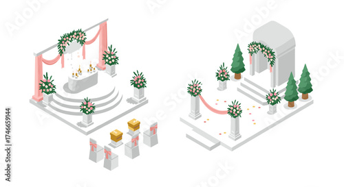 Elegant isometric wedding ceremony setup with altar and arch decorations