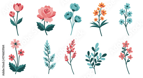 Colorful floral collection with various stylized blooms and leaves