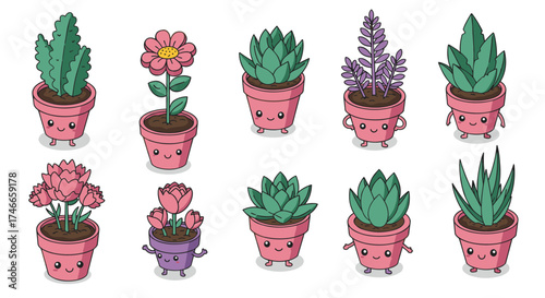 Cute cartoon potted plants with faces in playful style