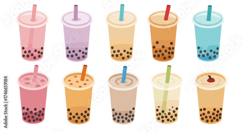 Variety of bubble tea drinks in pastel colors with assorted flavors and toppings