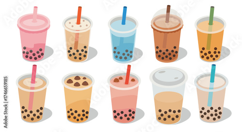 Assorted bubble tea cups with various flavors and toppings in isometric style
