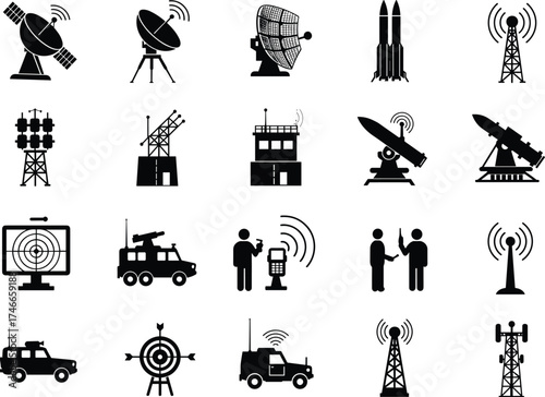 Military icons, radar symbols, missile launcher graphics, communication tower illustrations, surveillance technology, tactical equipment, black-and-white vector, defense elements, war assets, icon set