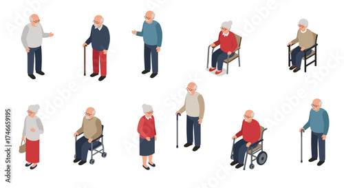 Isometric elderly people collection: seniors in various poses and activities on white background