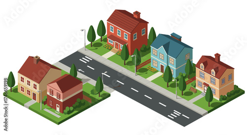 Charming isometric neighborhood with colorful houses and lush greenery