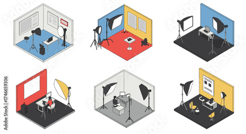 Isometric photography studios: creative workspace designs in vibrant colors