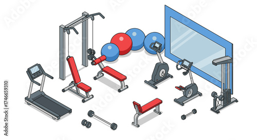 Isometric gym equipment with cardio machines, free weights, and mirrors