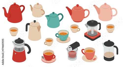 Charming collection of isometric teapots and cups in various colors for cozy beverage time