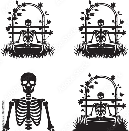 Vector Illustration of Halloween Skeletons in Various Poses and Scenes with Floral Arches and Grassy Elements Perfect for Spooky Designs