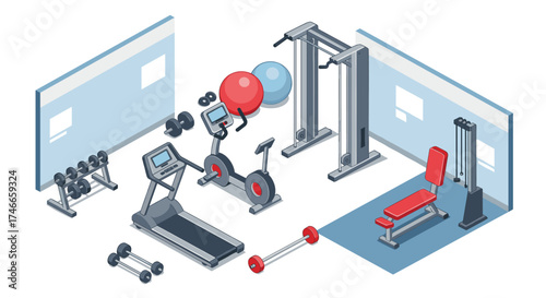 Modern isometric gym equipment setup featuring cardio and strength machines