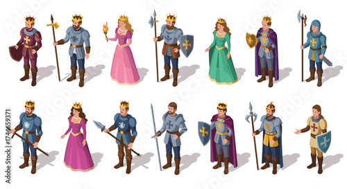 Isometric medieval characters: kings, queens, and warriors in vibrant attire