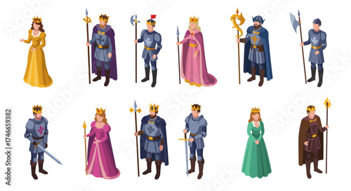 Medieval characters collection: kings, queens, and warriors in isometric design