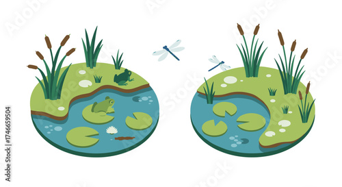 Serene pond scene with frogs and dragonflies among lily pads and cattails in circular design