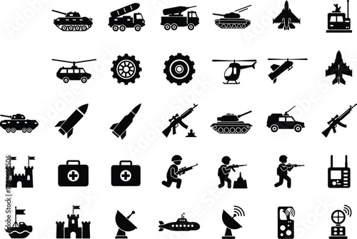 Military icons, silhouette graphics, weapons symbols, soldier poses, communication devices, aircraft illustrations, defense elements, tactical tools, black-